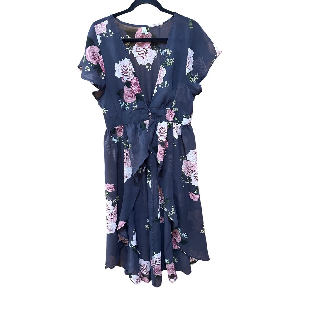 Lush Women Navy Blue/gray  Pink Floral High Low V-Neck Biouse  Sheer XL